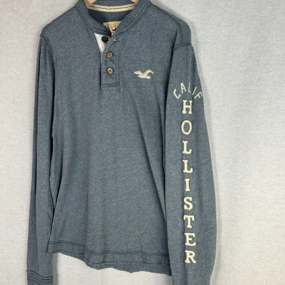 Hollister Mens Y2K Henley Shirt Size XL Spellout Logo Preppy Long Sleeve‎ Button